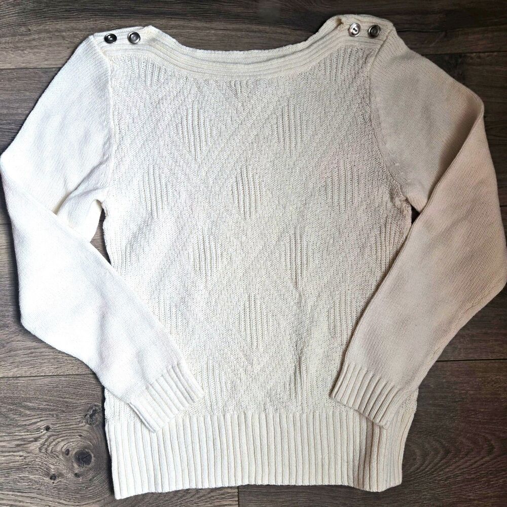 Christopher Banks Petite Small Sweater Ivory Knit Geometric Diamond Buttons PS